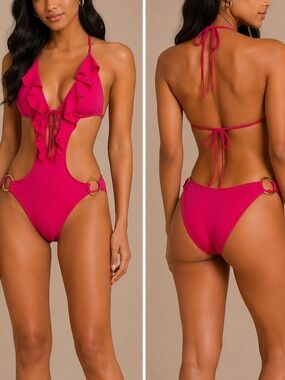 Ruffled Halter One-Piece Swimsuit - Fuchsia